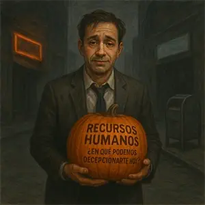 aparece un hombre vestido de traje diciendo que viene del futuro, sostiene una calabaza tallada que pone. Recursos Humanos – ¿En qué podemos decepcionarte hoy?