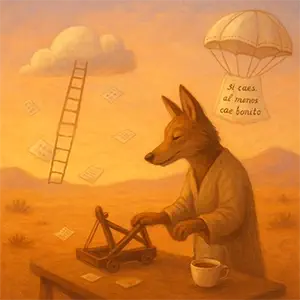 Una escalera al cielo un paracaídas con una nota, una taza y y la catapulta sobre una mesa 