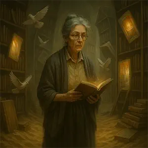 Biblioteca surreal con Elena rodeada de libros que brillan como portales, arena en el suelo y palomas volando dentro