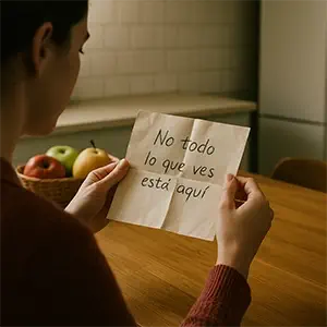 María, despliega la carta en la que pone. No todo lo que ves está aquí