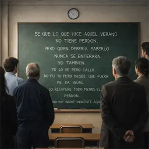 Todos observan la pizarra del aula 14 que aparece con más confesiones escritas