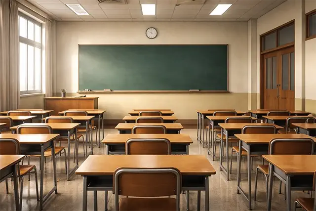 El aula 14 con luz de la mañana, y una pizarra al fonde de la clase
