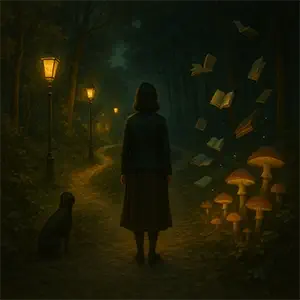 Bosque oscuro con dos senderos imposibles, uno iluminado por faroles amarillos y otro sombrío con setas brillantes y libros flotando