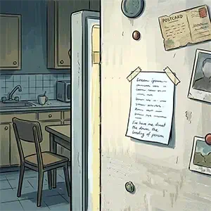 Primer plano del lateral de un frigor&iacute;fico viejo con una lista de la compra manuscrita pegada con celo, en una cocina peque&ntilde;a y vac&iacute;a