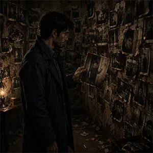 El protagonista descubre una habitación secreta cubierta de fotografías de su propia vida