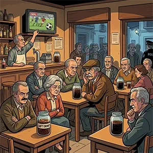 El interior de un bar abarrotado de vecinos serios y preocupados. Al fondo, el camarero sube el volumen de un televisor que muestra un partido de fútbol, mientras los clientes se sientan alrededor de las mesas en un ambiente de tensa conspiración.
