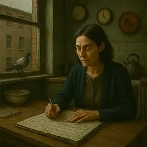 Cocina con un calendario extraño, relojes parados en la pared, paloma coja en la ventana y la vecina escribiendo en su agenda