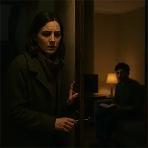 María, entra en el apartamento y Carlos esta sentado en el sofá, la presencia de un huésped invisible