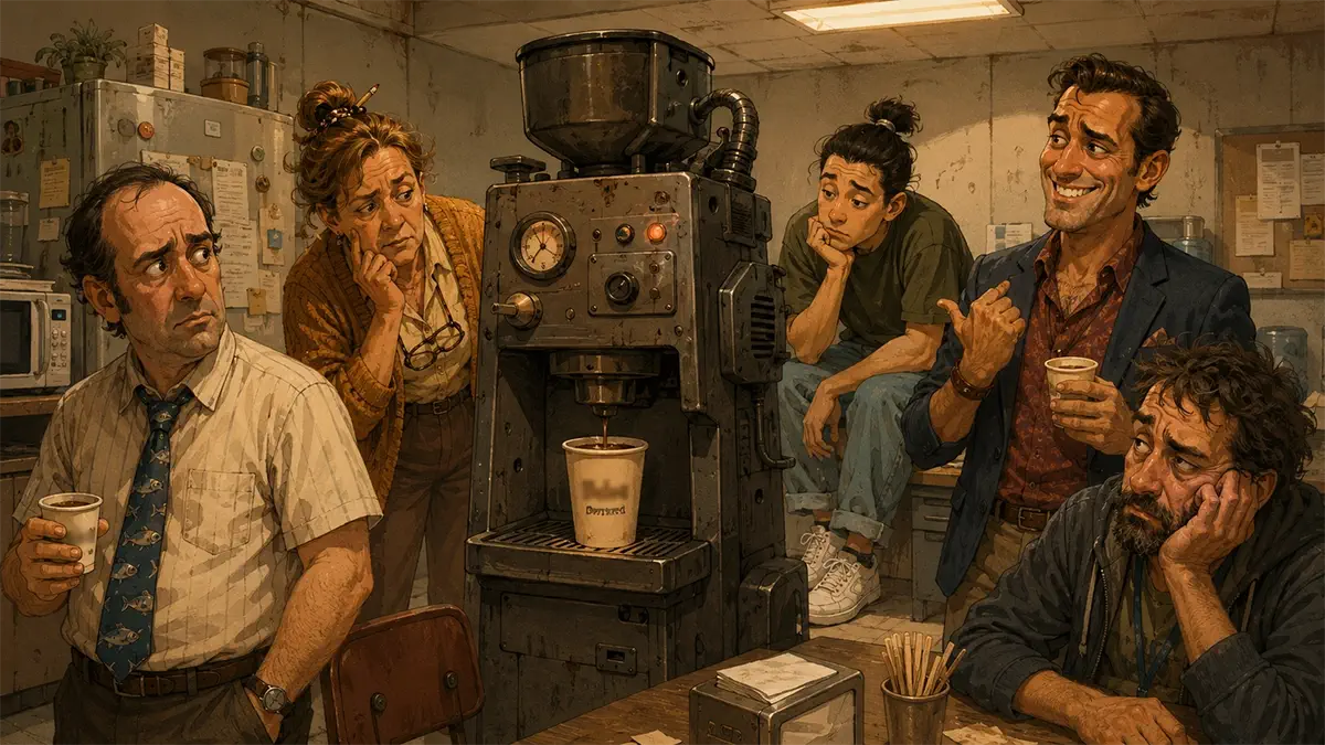 Empleados de una oficina observan con inquietud una máquina que acaba de imprimir un vaso misterioso en la sala de descanso.