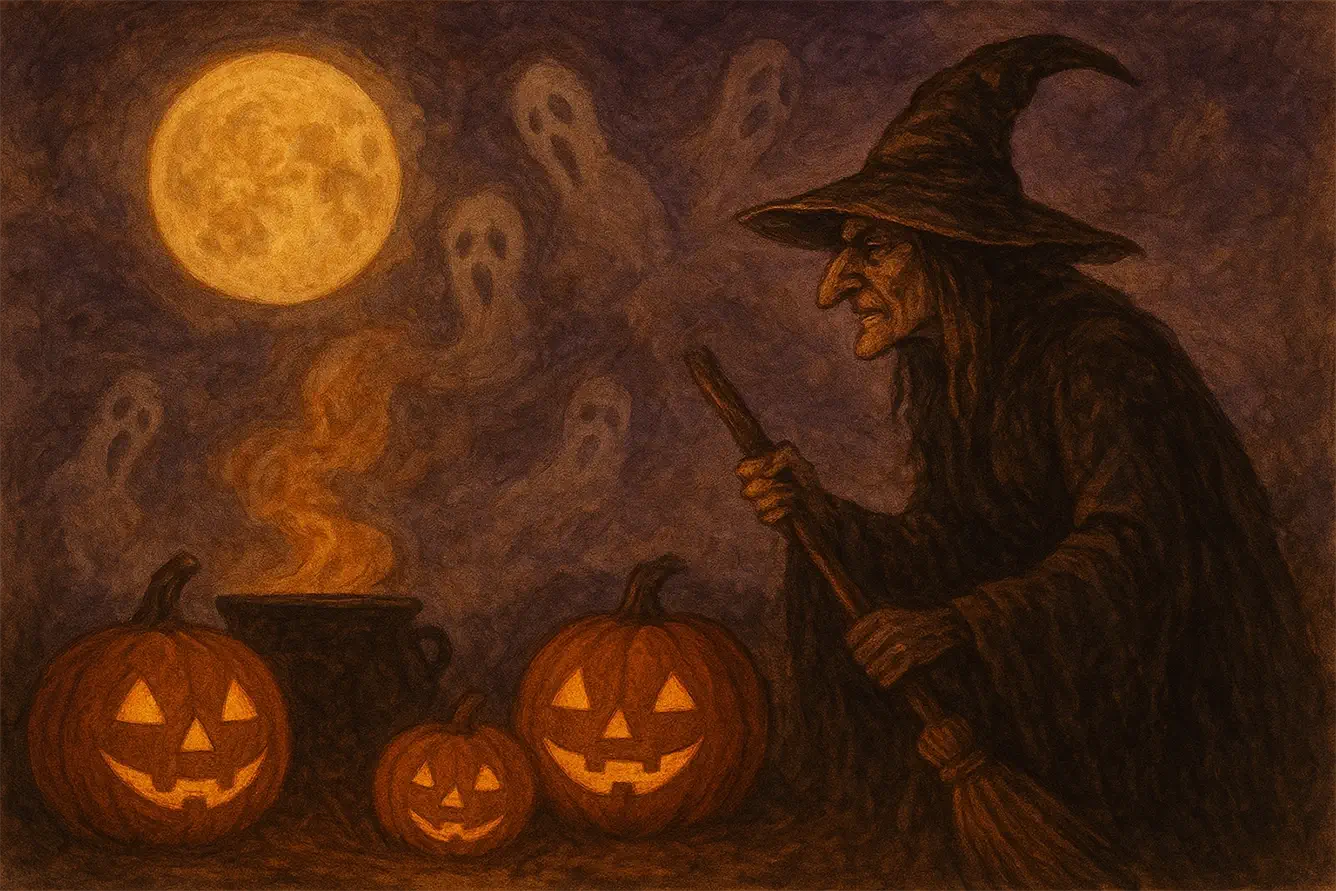 Una bruja celebra el 31 de octubre con luna llena y calabazas