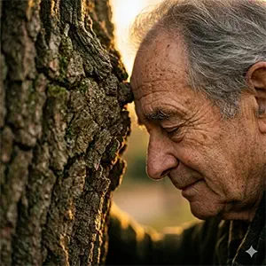 El hombre mayor apoya la frente, sobre la corteza del árbol, cierra los ojos y huele su resina que lo transporta a u juventud