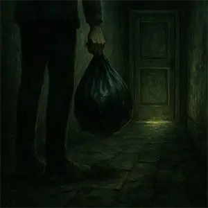 Einar, en el descansillo con una bolsa de basura en la mano, observando las luces malditas 