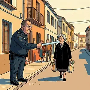 Paquita recibe una multa por el nuevo bando del ayuntamiento mientras un guardia mide la curvatura de su sonrisa.