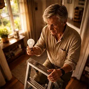 Un hombre de mediana edad subido a una escalera, sujetando una bombilla con la mano derecha