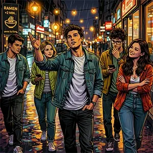 Los cinco amigos paseando por la calle 