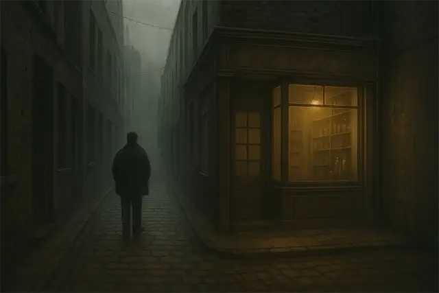 Camellón oscuro con persona paseando y tienda iluminada