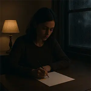 María escribe en una hoja de papel sobre la mesa, sentada en una silla