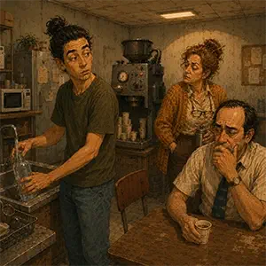 Kevin llena una botella de agua mientras mira de reojo la máquina de café y los vasos acumulados en la sala de descanso.