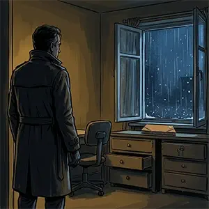 Tom&aacute;s de espaldas en el umbral de una habitaci&oacute;n oscura frente a una ventana abierta en invierno, con una carpeta de cart&oacute;n marr&oacute;n sobre el escritorio