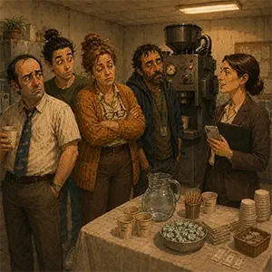 Recursos Humanos organiza una actividad absurda alrededor de la máquina de café mientras los empleados esperan incómodos.