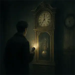 Hombre observando un reloj de péndulo detenido que marca las doce menos uno la sala está en penumbra y el aire parece suspendido en el tiempo.