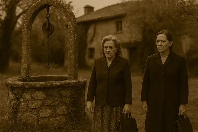 las hermanas Bruna pasando al lado de un pozo