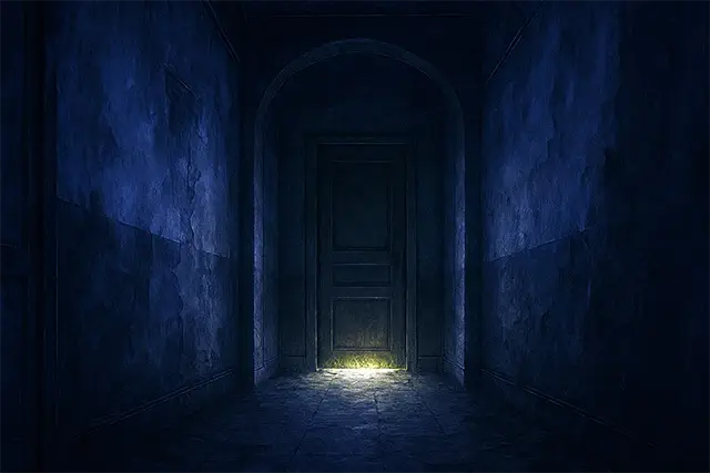 El pasillo de una escalera con una puerta, con destellos de luces