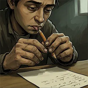 Unas manos rugosas con una cicatriz en un dedo acercan la punta del l&aacute;piz a la lengua antes de escribir, con la mirada baja sobre una hoja de papel en una estancia de luz escasa