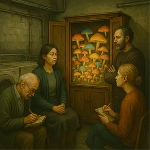 Vecinos reunidos en la lavandería del sótano alrededor de un armario lleno de setas brillantes y coloridas que parecen hablar