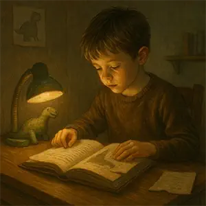 Víctor niño leyendo en una habitación oscura con luz sobrenatural
