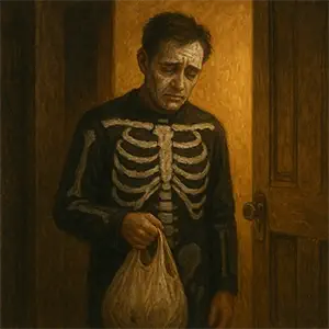 Un hombre de unos 40 años disfrazado de esqueleto, sostiene una bolsa de plástico del supermercado