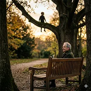 Un muchacho sentado sobre la rama de un árbol mientras un hombre mayor lo mira con nostalgia de juventud