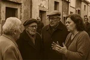 Grupo de parroquianos rumoreando sobre lo que ellos creen