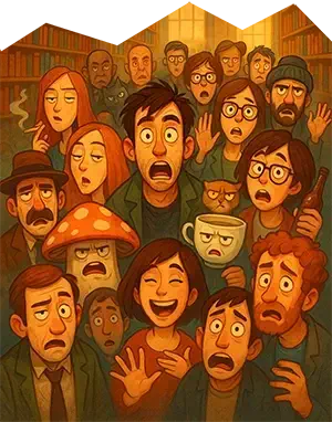 Muestra a un grupo de personajes queriendo salir de la biblioteca, se hacen llamar los del fondo