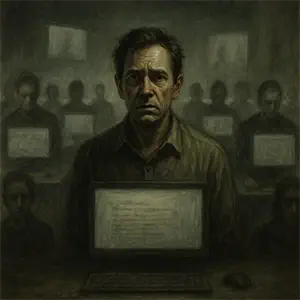 Silenciosa sala de lectura digital con rostros borrosos