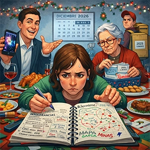 Una mesa con productos navideños dende esta Clara, Julián y la señora Remedios