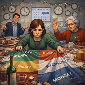 Clara colocando el mantel. el cual lleva todos los días de la semana en recuadros de distintos colores