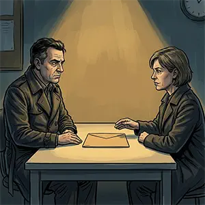 Detective y excompa&ntilde;era sentados frente a frente en un despacho de comisar&iacute;a con un sobre manila entre ellos sobre la mesa