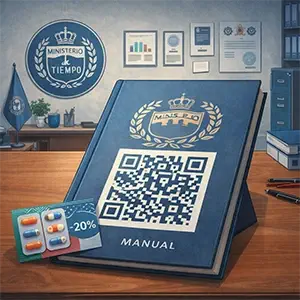 El manual oficial del Ministerio del Tiempo con un código QR y un descuento para ansiolíticos