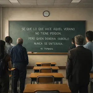 Profesores y alumnos, observan la pizarra del aula 14, donde se le añade otra línea que dice, Yo tambien