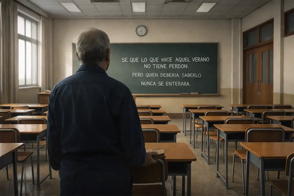 El conserje descubre el escrito en la pizarra, que nadie escribió