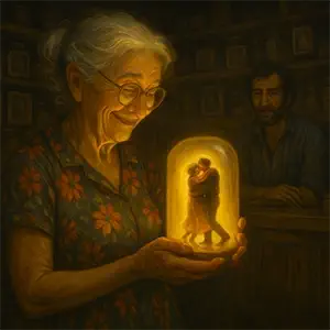 Una mujer mayor sostiene una esfera donde se ve a una pareja bailando