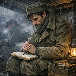 Julián en la trinchera con otros soldados, preparado para escribir una cartas de guerra desde el otro lado de la línea roja