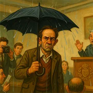 Rueda de prensa con paraguas abierto