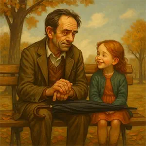 Hombre hablando con niña bajo un paraguas cerrado