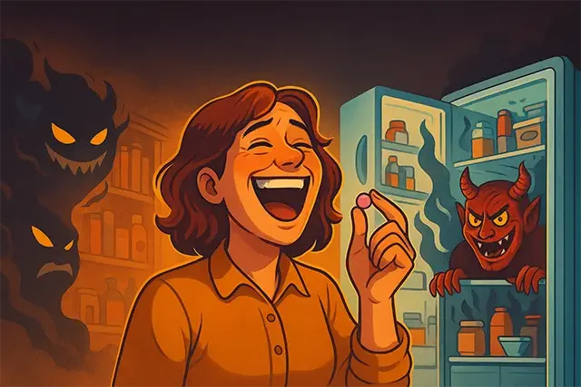 Una sombras detrás de la nevera, abierta con un diablo entro, la vecina riendo con una pastilla en la mano