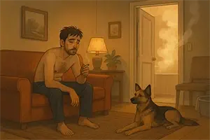 Sentado en el sofá fumando y su perra Layka tumbada en la alfombra del salón
