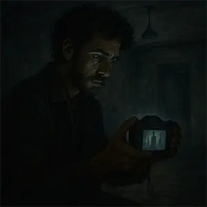 Einar con la pantalla de la cámara donde se ven sombras donde no las hay