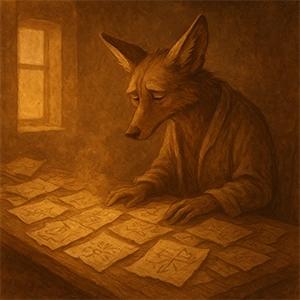 Einar, el coyote extiende planos sobre una mesa