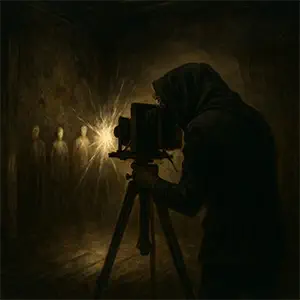 Curvado sobre una cámara con trípode